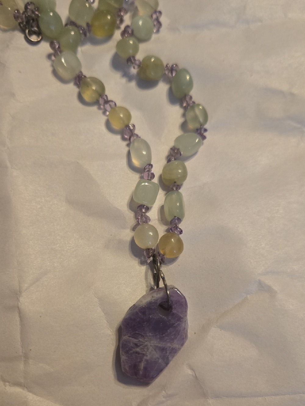 Amethyst Pendant & Green Prehnite Beaded Necklace